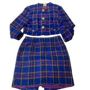Multicolored Plaid Patterned Tweed Skirt suit